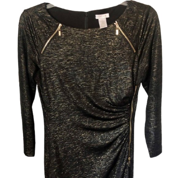 Cache Ruched Front Sheath w/ Goldtone Zippers - Black/Gold - M - Picture 2 of 9